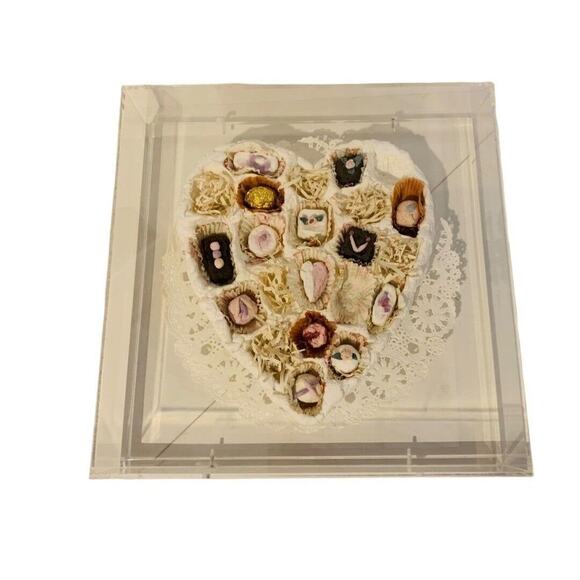 Barbara Kirschner Paper Sculpture Heart Candy Acrylic Shadowbox 1980s 12" Square